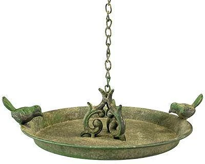 ESSCHERT DESIGN Aged Metal Hanging Bird Bath With Two Birds 3 ESSCHERT DESIGN Aged Metal Hanging Bird Bath With Two Birds