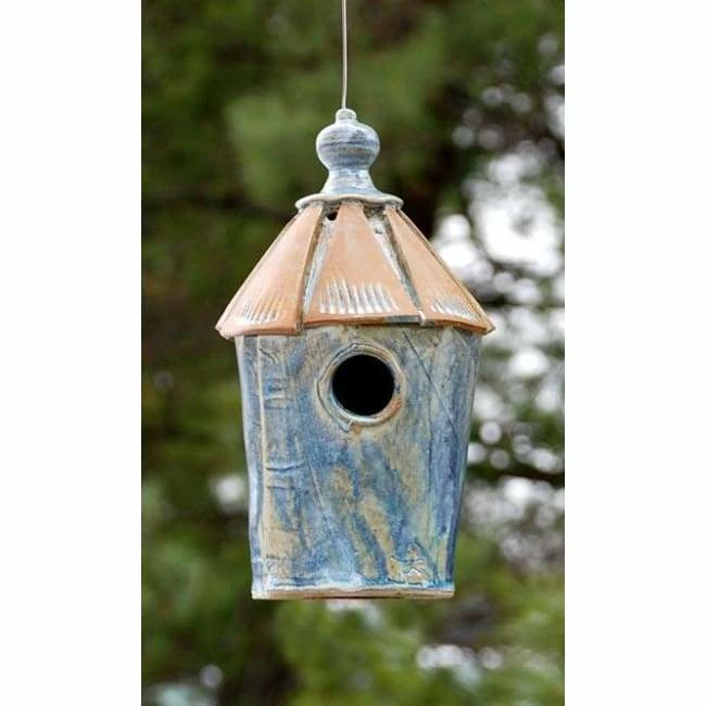 Ceramic Bird Cottage Bird House, French Blue 3 Ceramic Bird Cottage Bird House, French Blue