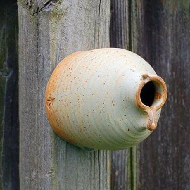 Ceramic Peek-A-Boo Bird House, Butternut 3 Ceramic Peek-A-Boo Bird House, Butternut