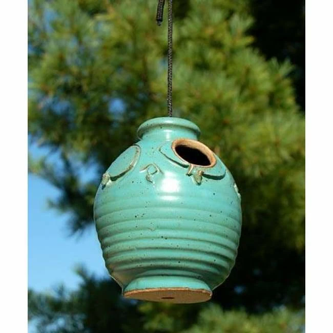 Ceramic Small Bird House, Teal 3 Ceramic Small Bird House, Teal