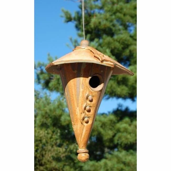 Ceramic Two-Piece Cone Bird House, Butternut 3 Ceramic Two-Piece Cone Bird House, Butternut