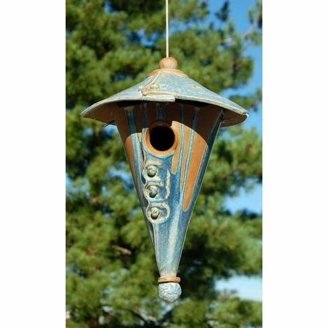 Ceramic Two-Piece Cone Bird House, French Blue 3 Ceramic Two-Piece Cone Bird House, French Blue