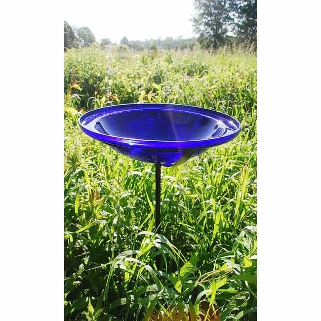 Crackle Glass Bird Bath Bowl With Cradle And Stake, Cobalt 6 Crackle Glass Bird Bath Bowl With Cradle And Stake, Cobalt - Image 4