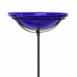 Crackle Glass Bird Bath Bowl With Cradle And Stake, Cobalt
