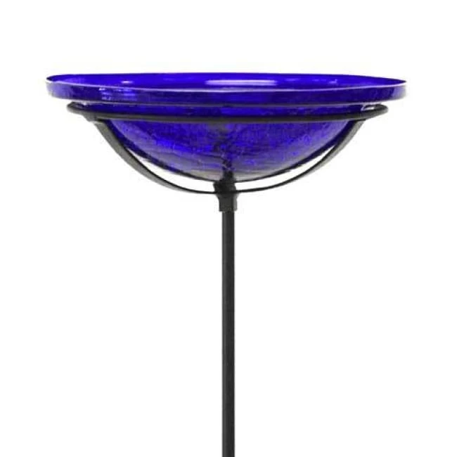 Crackle Glass Bird Bath Bowl With Cradle And Stake, Cobalt 3 Crackle Glass Bird Bath Bowl With Cradle And Stake, Cobalt