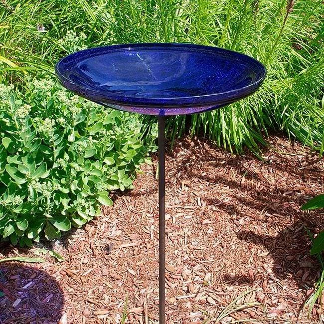 Crackle Glass Bird Bath Bowl With Cradle And Stake, Cobalt 5 Crackle Glass Bird Bath Bowl With Cradle And Stake, Cobalt - Image 3