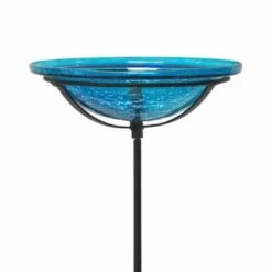 Crackle Glass Bird Bath Bowl With Cradle And Stake, Teal