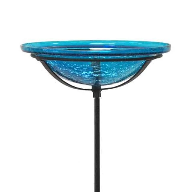 Crackle Glass Bird Bath Bowl With Cradle And Stake, Teal 3 Crackle Glass Bird Bath Bowl With Cradle And Stake, Teal