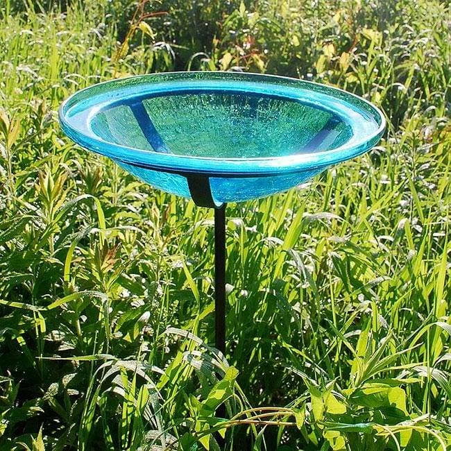 Crackle Glass Bird Bath Bowl With Cradle And Stake, Teal 5 Crackle Glass Bird Bath Bowl With Cradle And Stake, Teal - Image 3