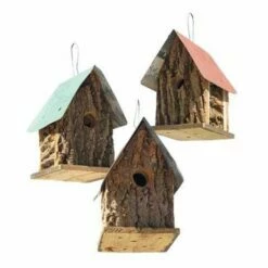 Summer Camp Bark Cabin Bird Houses, Set Of 3
